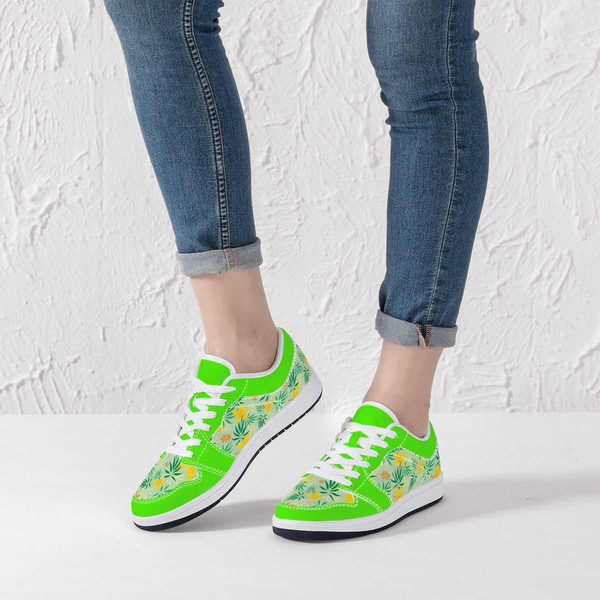 Low-Top Leather Sneakers - Spring Flowers - Green Trim