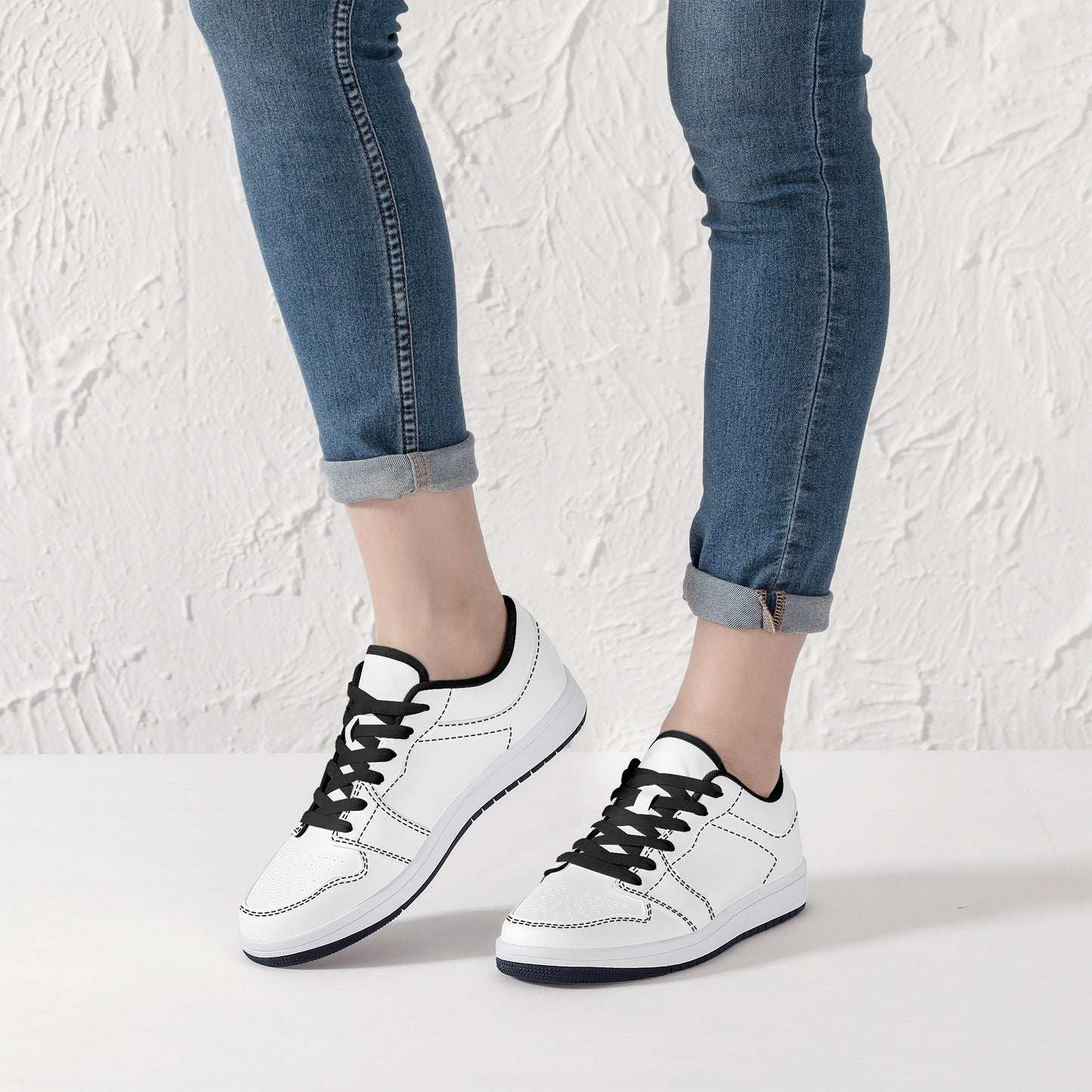 Low-Top Synthetic Leather Sneakers - White & Black