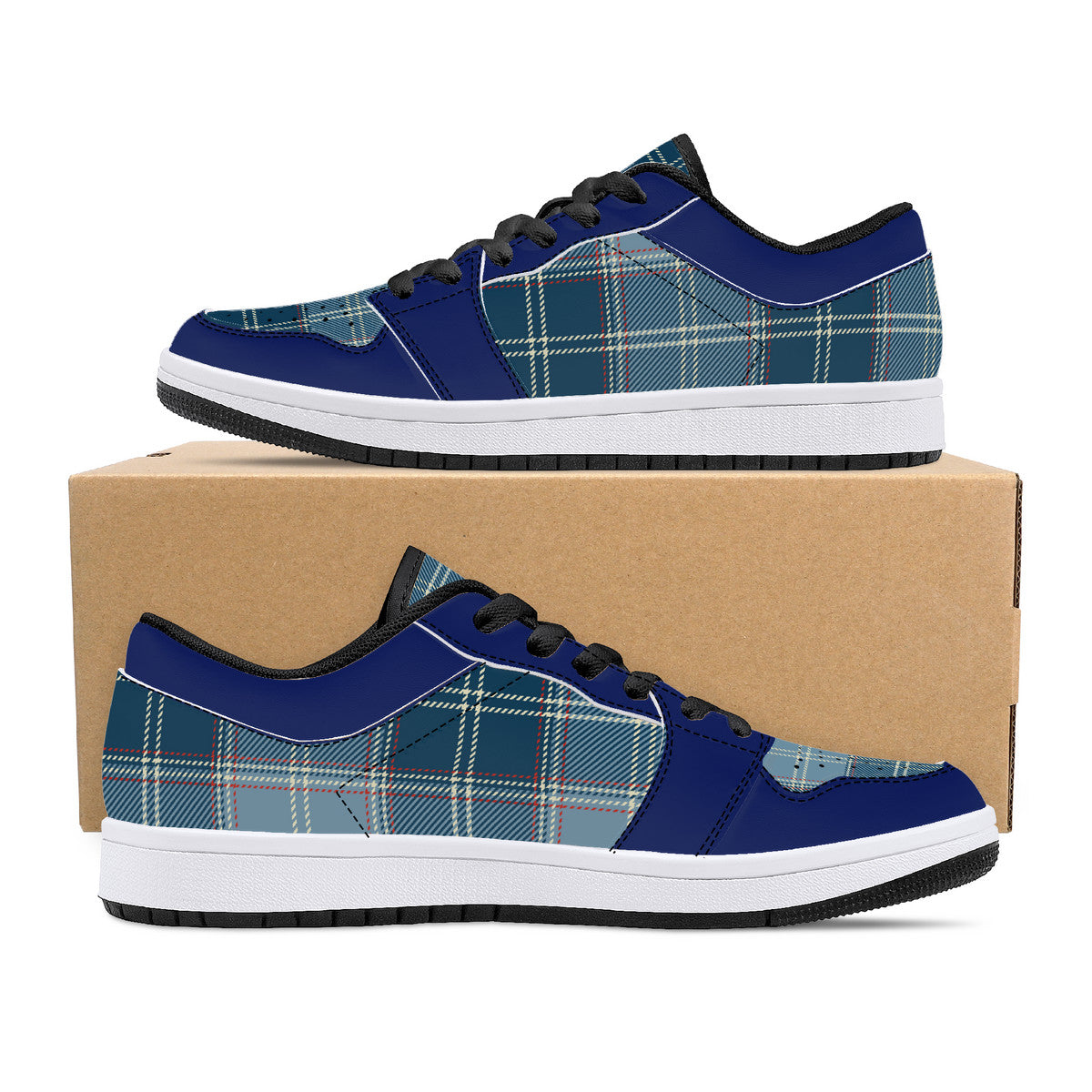 Leather Sneakers-Navy Blue Plaid