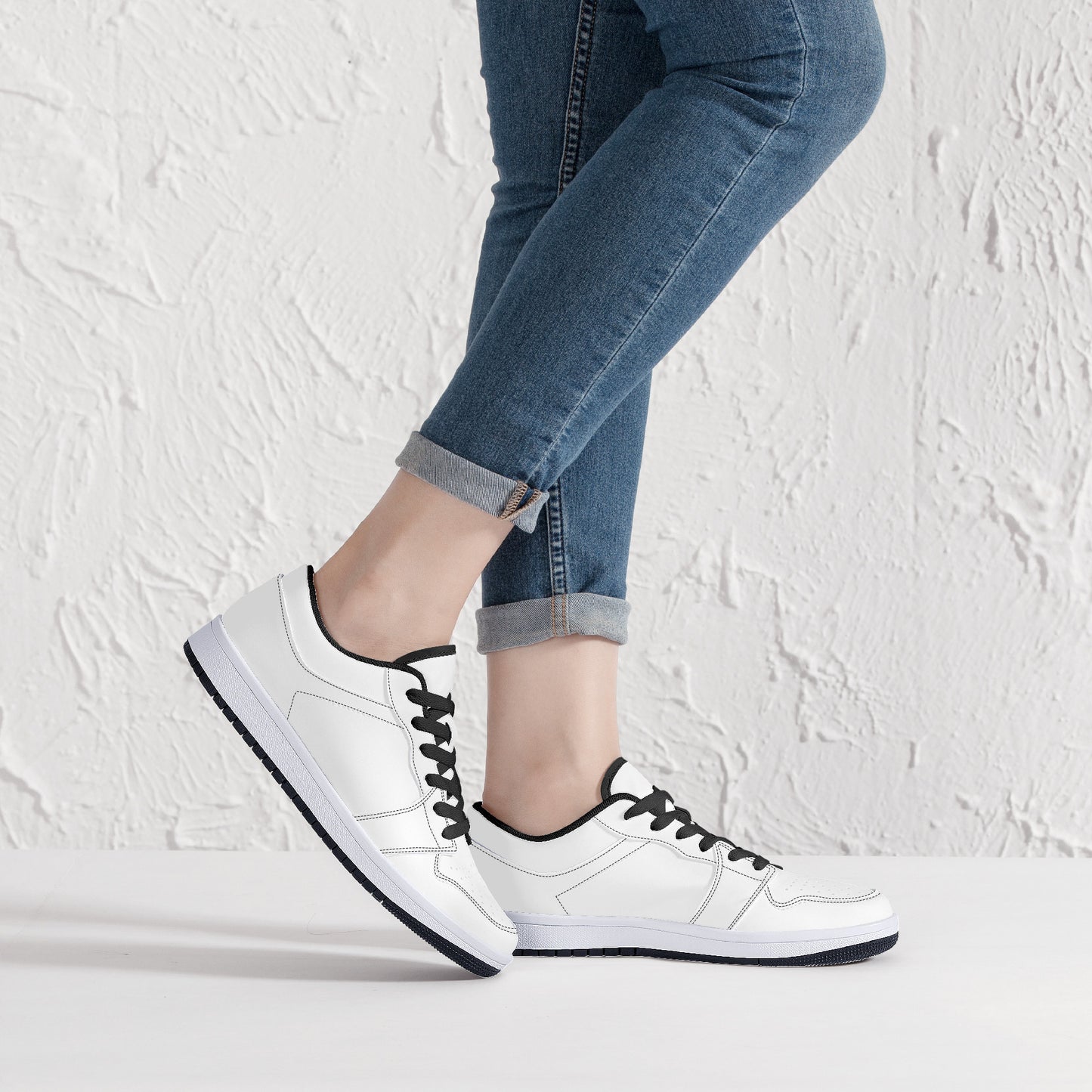 Low-Top Synthetic Leather Sneakers - White & Black
