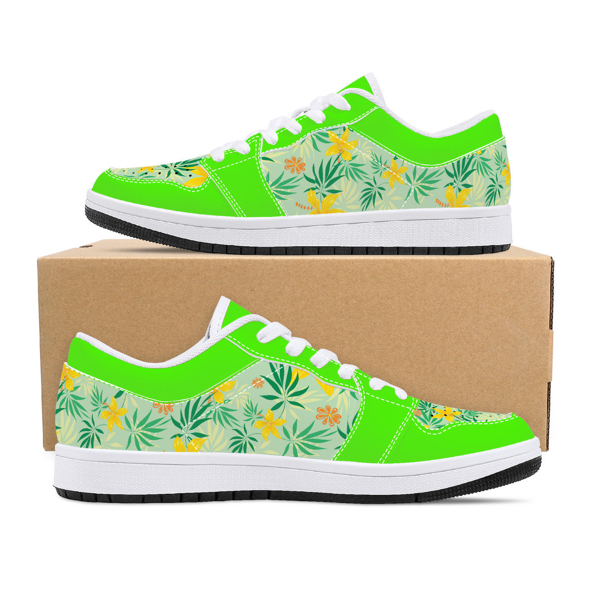 Low-Top Leather Sneakers - Spring Flowers - Green Trim