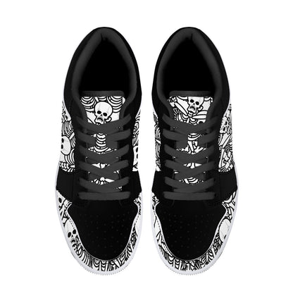 Low-Top Screaming Skulls Leather Sneakers - Black