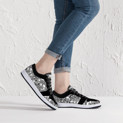 Low-Top Screaming Skulls Leather Sneakers - Black