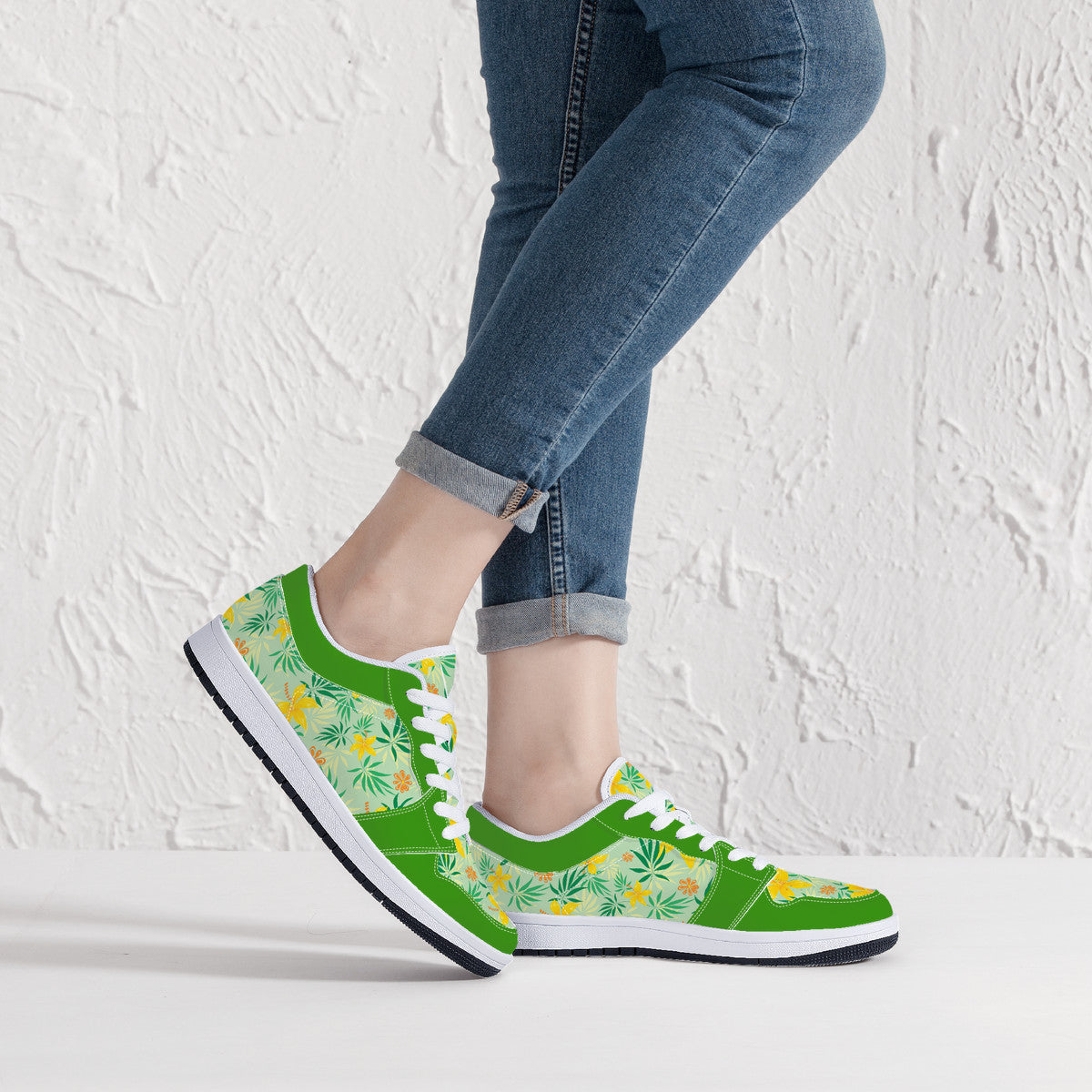 Leather Sneakers - Spring Flowers - Green
