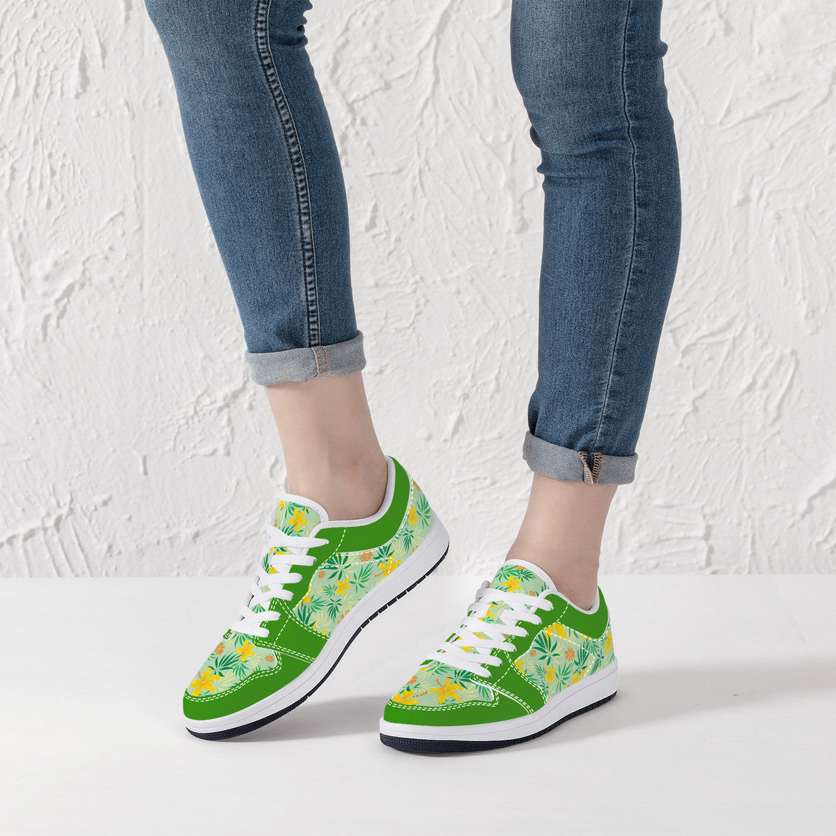 Leather Sneakers - Spring Flowers - Green