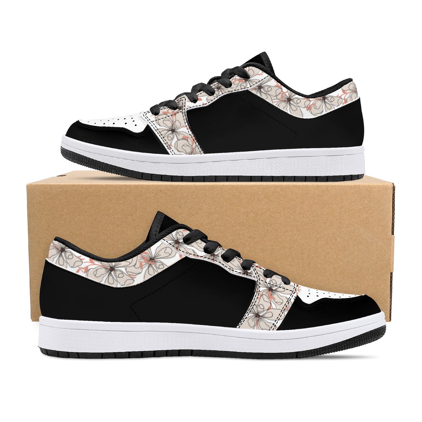 Leather Sneakers-Flower Trim-White Sole